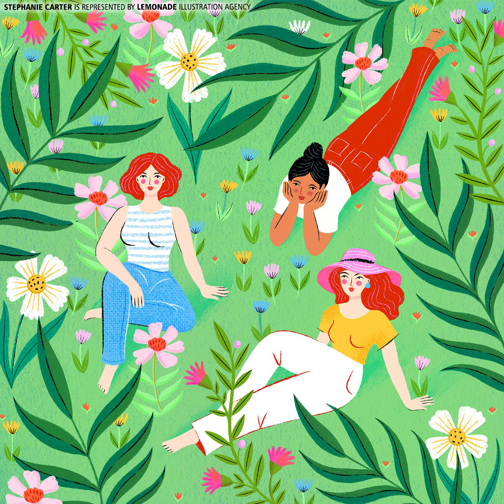 Illustration of three women relaxing in a field of flowers and foliage, rendered in a colorful, whimsical style with a vibrant palette.