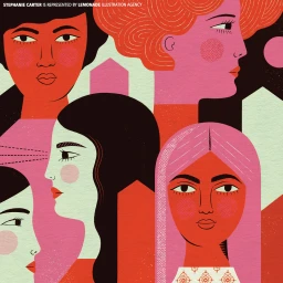 Digital illustration featuring overlapping stylized female faces in bold red, pink, and black tones with graphic halftone texture.