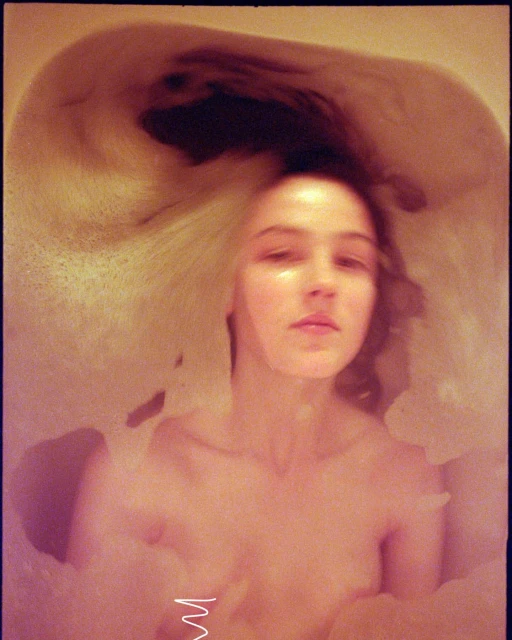 Young woman is relaxing in a bathtub full of foamy water, fair skin and dark hair visible, relaxing in a bright bathroom with a carefree mood.