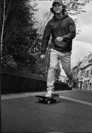 A smiling young man in a hooded sweatshirt and cap riding a skateboard down a city street, photographed in black and white.