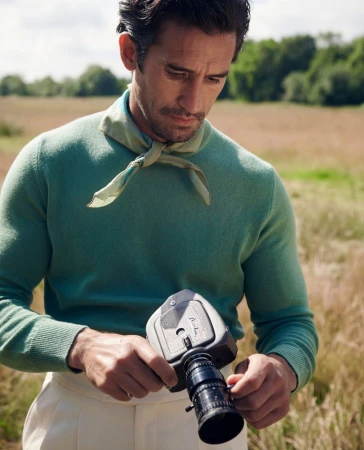 Close-up of a man with dark hair, wearing a green sweater and light pants, holding a vintage film camera in a grassy field outdoors.