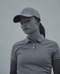 Close-up portrait of a woman wearing a collared polo shirt and a baseball cap against a clear sky background.