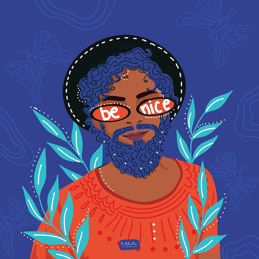 Illustration of a man with blue hair and beard wearing sunglasses that say "be nice" against a blue background with butterflies.