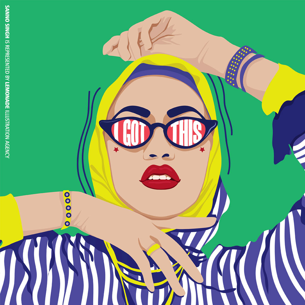 Stylish illustration of a woman wearing a yellow hijab and sunglasses that reflect the words 'I GOT THIS' against a green backdrop.