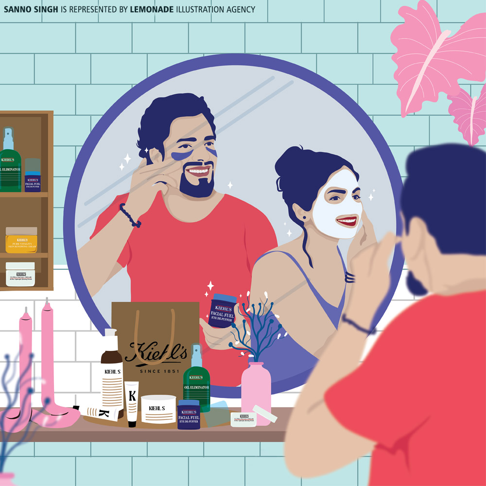 Illustration of a happy couple applying facial masks, surrounded by Kiehl's skincare products in a bright bathroom setting with pink accents.