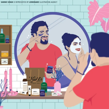 Illustration of a happy couple applying facial masks, surrounded by Kiehl's skincare products in a bright bathroom setting with pink accents.