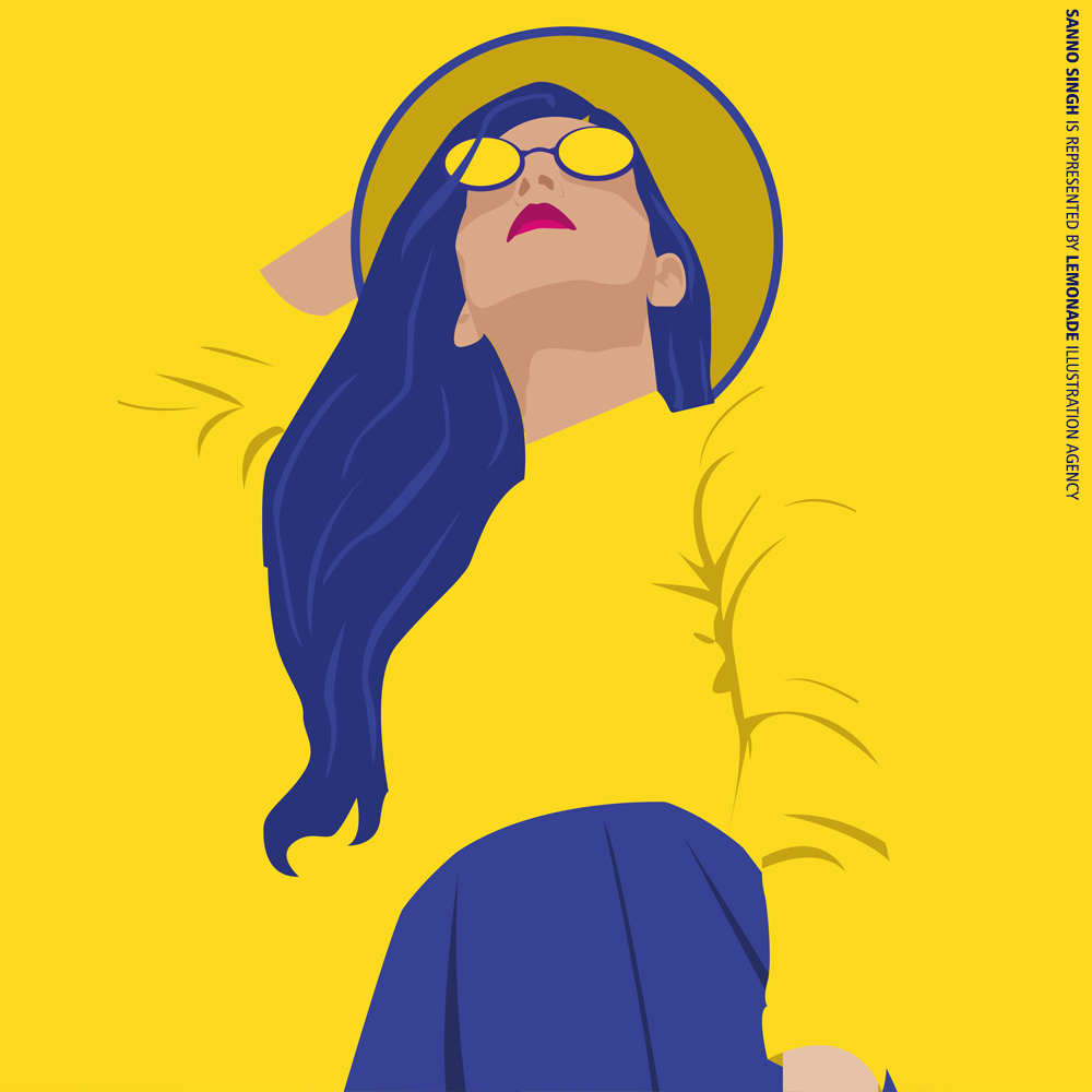 Illustration of woman with blue hair wearing a yellow hat and yellow sunglasses against a bright yellow background in a low-angle.