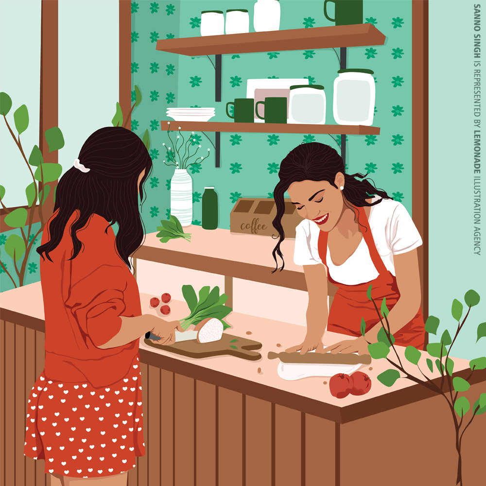 Two women prepare food in a cozy kitchen, with one chopping vegetables and the other rolling dough, illustration with warm colors.