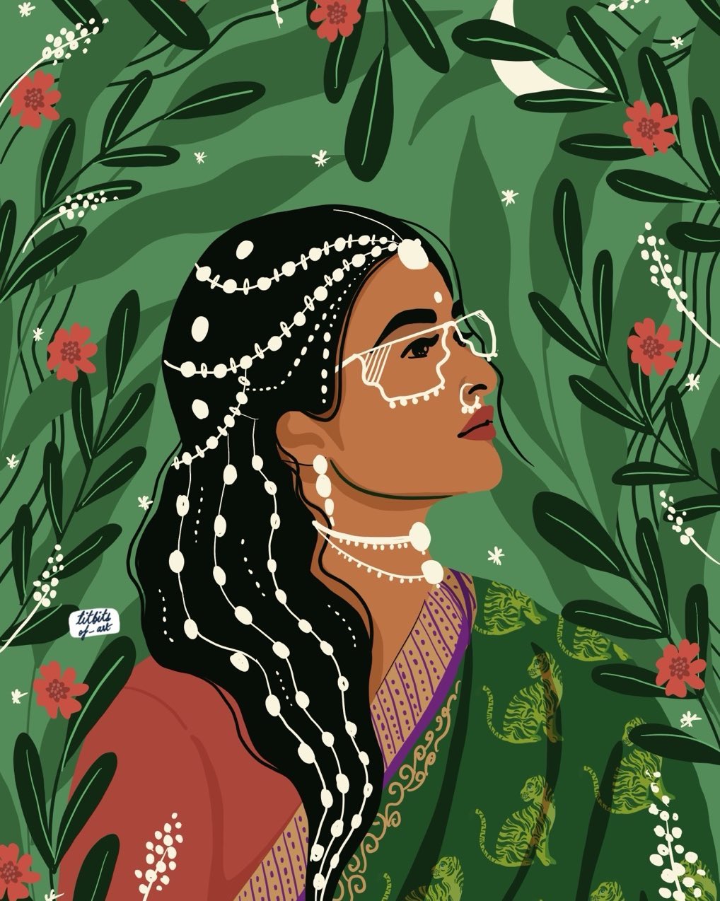 Illustration of woman with traditional jewelry, glasses, and green sari with a pattern of tigers in a leafy green jungle setting.