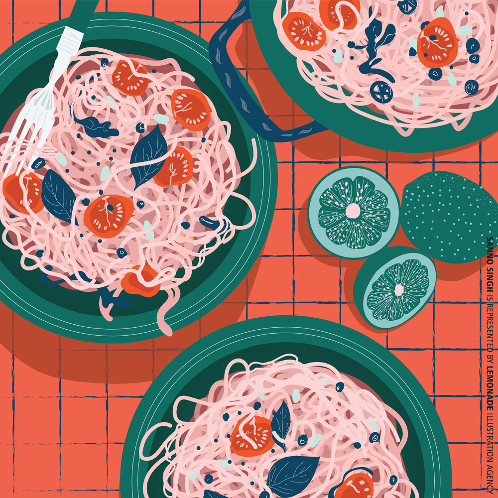 Illustration of pasta dishes with tomatoes and basil in bowls, accompanied by lime halves and cooking pot on a gridded surface.