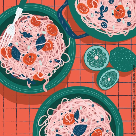 Illustration of pasta dishes with tomatoes and basil in bowls, accompanied by lime halves and cooking pot on a gridded surface.