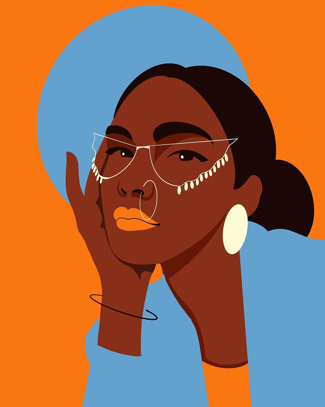 Illustration of a woman with dark skin, wearing ornate glasses and jewelry, against a vibrant orange and blue graphic background.
