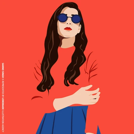 Digital illustration of a woman in round blue sunglasses and red sweater against a solid red background