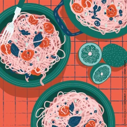 Top-down illustrated flat lay of three bowls of spaghetti with tomatoes and basil on a red checkered table cloth with limes.