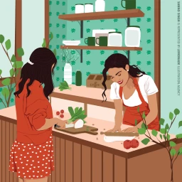 Illustration of two women preparing food together in a kitchen, chopping vegetables and rolling dough on a counter.