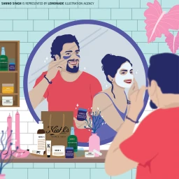 Digital vector illustration by Sanno Singh showing a couple applying skincare products in a bathroom mirror reflection.