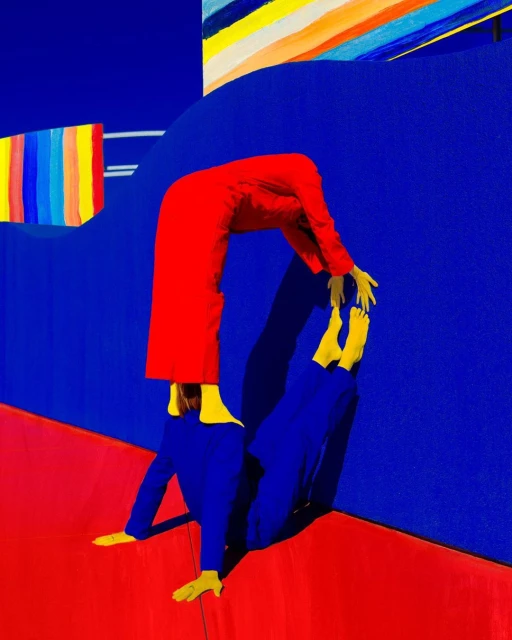 Abstract composition with two people in full-body suits creating an acrobatic arch against a blue backdrop and a red floor. Bright, saturated colors.