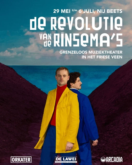 Promotional image featuring two men in vibrant clothing set against a backdrop of reddish mountains and a blue sky for a music theater performance.