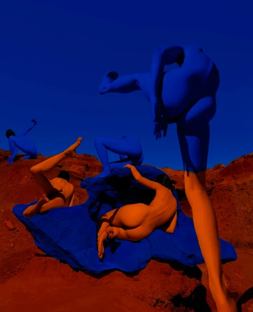 Surreal outdoor image featuring nude humans with blue body paint posing on rocky terrain under a clear blue sky, creating a striking contrast.