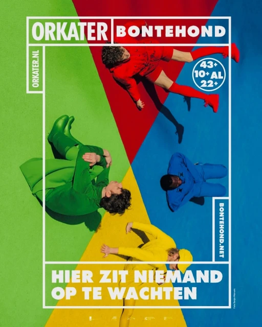 Four people wearing color-coordinated outfits in red, green, blue and yellow lay against a multicolor geometric backdrop, framed in white lines.