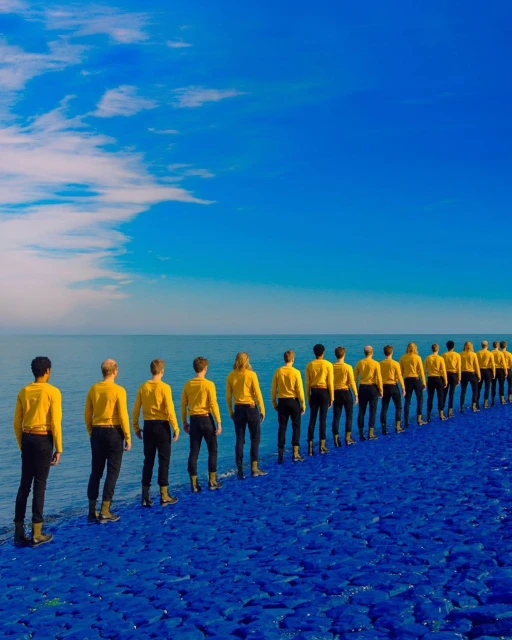 Row of people in yellow tops and black trousers standing on blue rocks, looking out at ocean with clear blue sky and clouds.