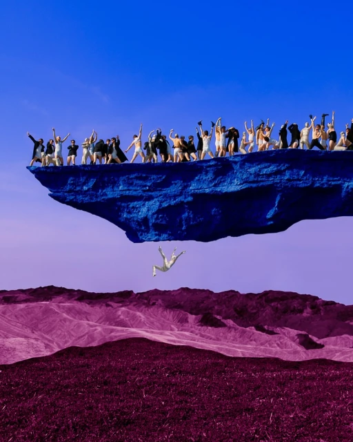 Large group of people on a floating blue rock formation, with one person falling down towards purple grass and hills under a blue sky.