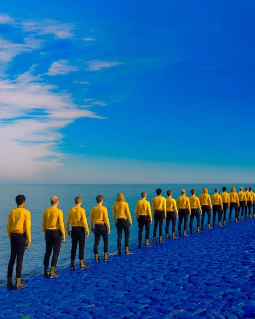 A long row of people standing at the water's edge, all wearing yellow shirts and black pants, creates a striking visual against the blue sea and sky.