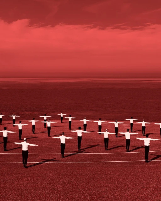 A large group of people with outstretched arms stand in a circle on a field, all colored in shades of red.