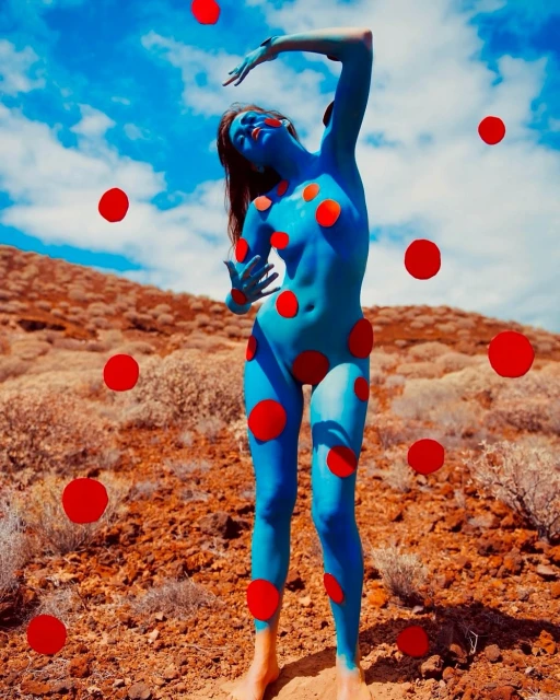 Artistic blue woman with red dots posing outdoors against cloudy sky and brown desert landscape in an abstract composition.