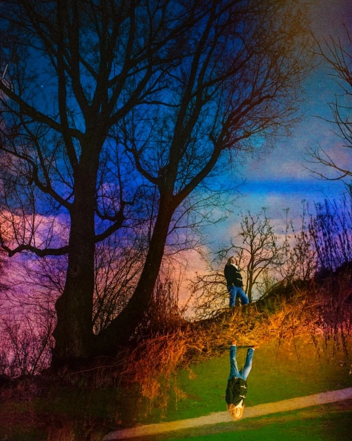 Two people stand near a large tree in an artistic outdoor setting with colorful sky at dusk, creating an imaginative and ethereal mood.