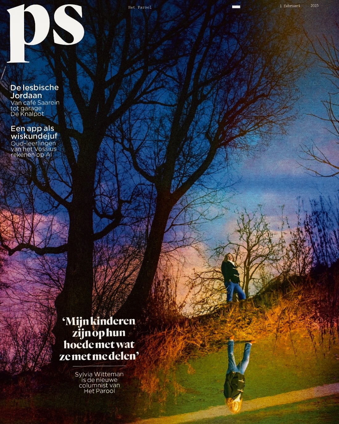 Magazine cover featuring a person standing on a mound of grass, with a reflection below, set against a backdrop of trees and dusk sky.