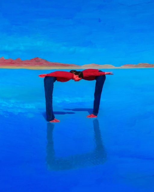 Two people in red tops and dark pants pose back-to-back in a blue environment with a landscape backdrop, casting a square reflection.
