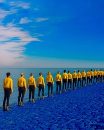 A line of people wearing bright yellow sweaters and black trousers standing on a bright blue rocky shore next to the sea under a bright blue sky.
