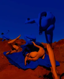 Surreal photography by Sanja Marusic featuring blue-painted figures posing dramatically across a rugged red desert landscape under a clear blue sky.