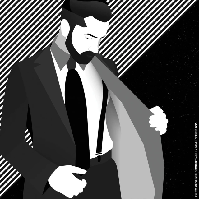 Illustration of a stylish man in a suit with suspenders, standing against a geometric background in black and white, creating a modern aesthetic.