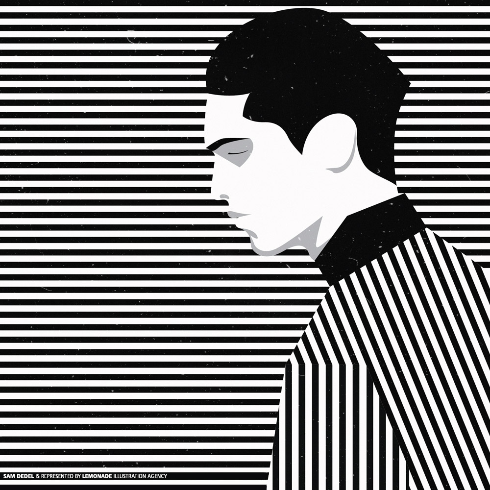 Illustration of a stylish man in a black and white striped shirt, viewed in profile against a matching horizontal striped background.
