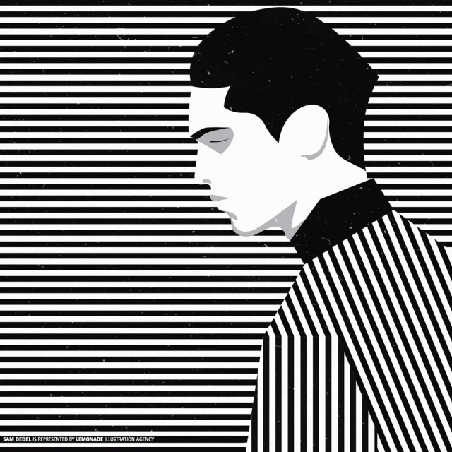 Illustration of a stylish man in a black and white striped shirt, viewed in profile against a matching horizontal striped background.