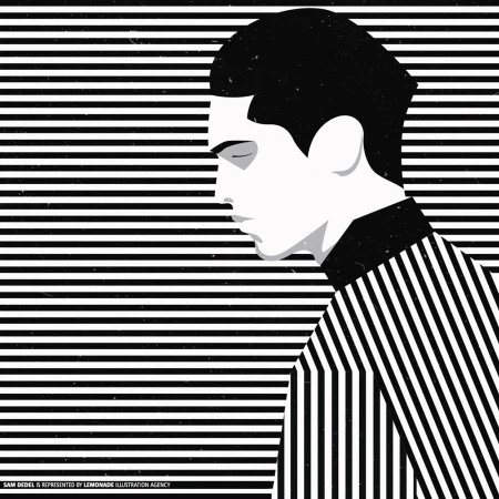 Illustration of a stylish man in a black and white striped shirt, viewed in profile against a matching horizontal striped background.