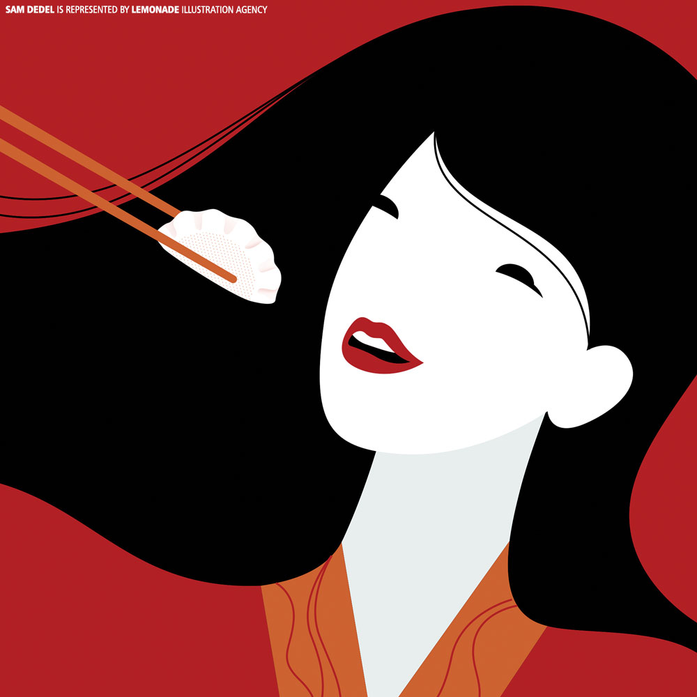 Illustration of a woman with dark hair eating a dumpling with chopsticks against a red background, creating a simple yet elegant food scene.