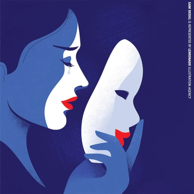Illustration of a weeping woman in profile holding a theatrical mask, revealing both sadness and disguise in a blue palette.