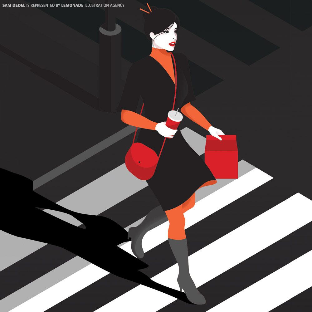 Illustration of a stylish woman in a black dress and boots crossing a pedestrian crosswalk with a drink and takeout food.