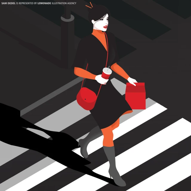 Illustration of a stylish woman in a black dress and boots crossing a pedestrian crosswalk with a drink and takeout food.
