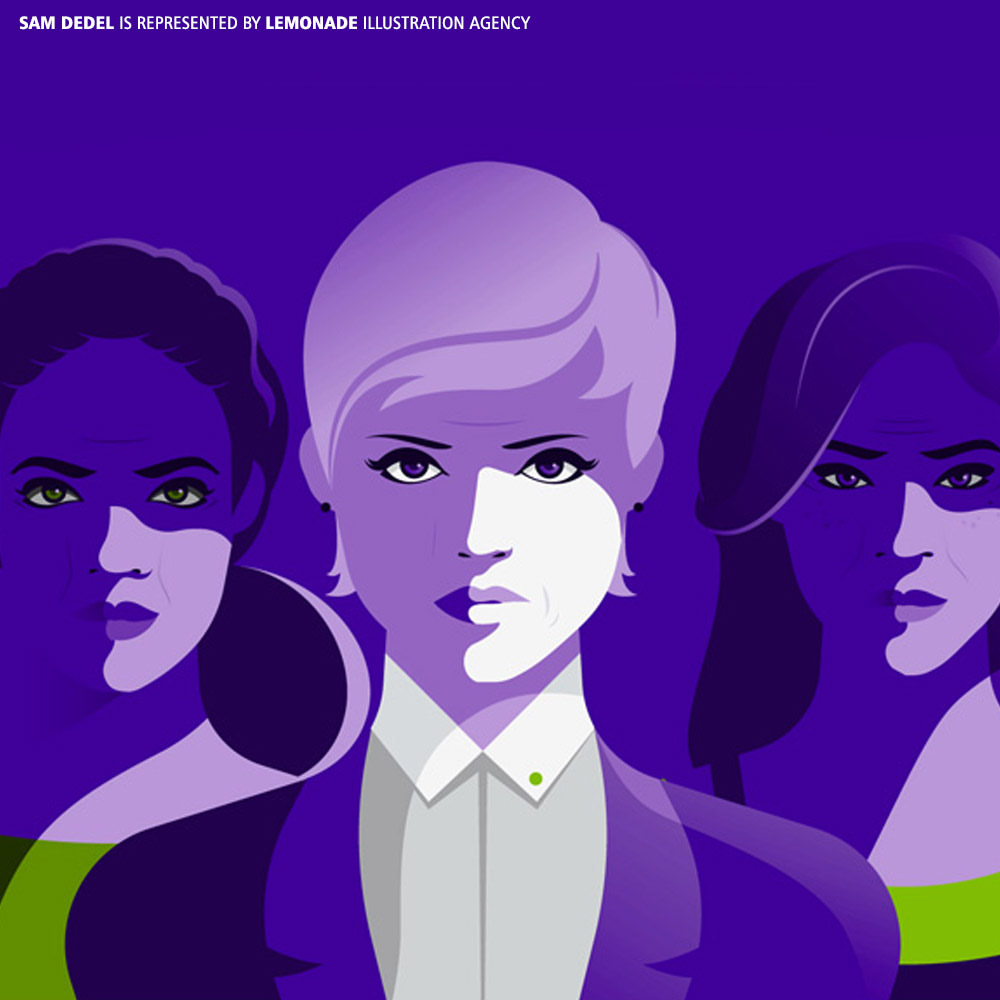Illustration of three women with different hairstyles and skin tones against a purple background. Art style featuring bold colors and shadows.