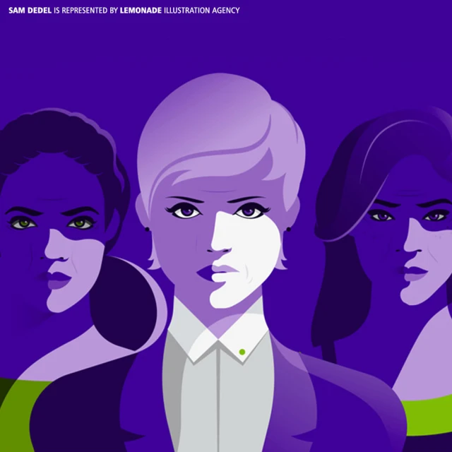 Illustration of three women with different hairstyles and skin tones against a purple background. Art style featuring bold colors and shadows.