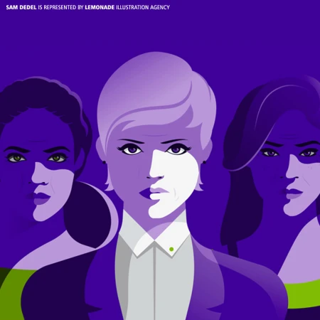 Illustration of three women with different hairstyles and skin tones against a purple background. Art style featuring bold colors and shadows.