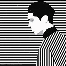 Monochrome vector illustration of a man's profile against horizontal black and white stripes by Sam Dedel.