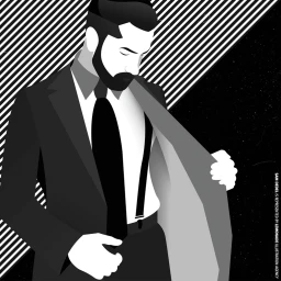 Monochrome vector illustration by Sam Dedel of a bearded man adjusting his suit jacket, tie, and suspenders against a striped background.