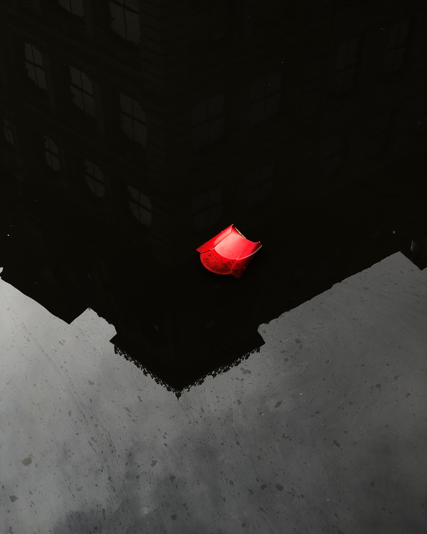 Single red rose petal floats on a glassy, dark surface, reflecting the blurred silhouette of a building in dim light.