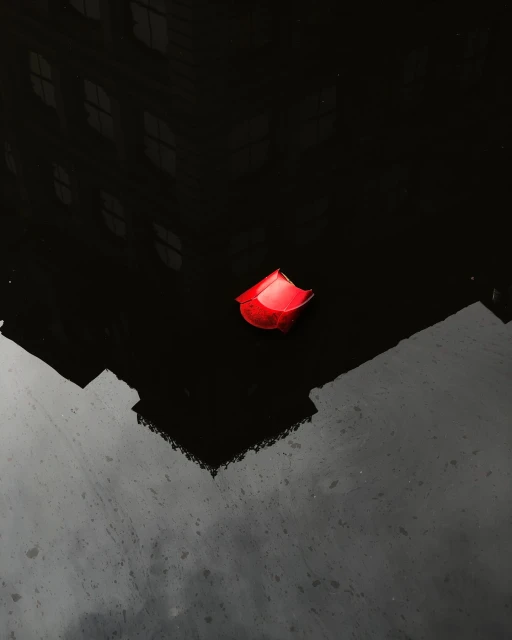 Single red rose petal floats on a glassy, dark surface, reflecting the blurred silhouette of a building in dim light.