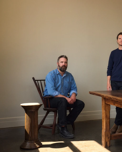 Two adult men pose in a studio with a rustic wooden chair and table, neutral backdrop, and natural lighting highlighting textures.